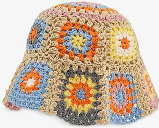 Womens Beige Crochet-pattern Knitted Bucket hat