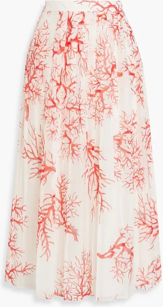 Pleated printed cotton and silk-blend voile midi skirt