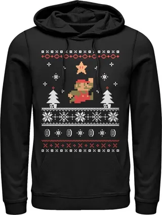 Men's Nintendo Ugly Christmas Mario Jump Star Pull Over Hoodie - Black - Medium