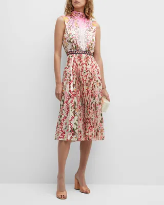 Fleur Pleated Satin Sleeveless Midi Dress