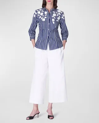 Flower-Applique Striped Classic Button-Down Blouse