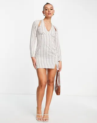 ASOS DESIGN halter linen mini dress with long sleeve in stripe