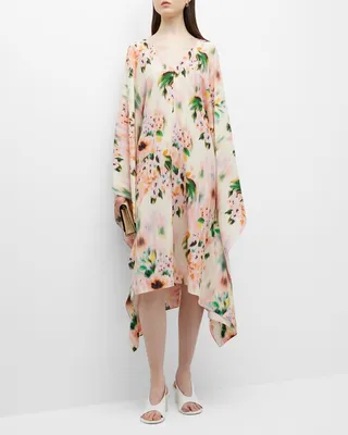 Blurry Floral-Print Crepe De Chine Midi Kaftan Dress