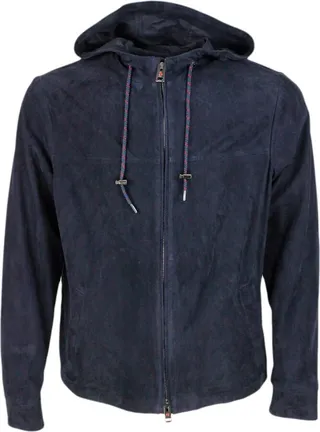 Light Suede Jacket With Hood With Drawstring And Zip Closure