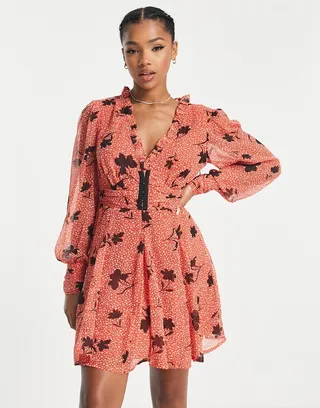 ASOS DESIGN gathered waist long sleeve mini dress with frill neck and flare skirt in floral print
