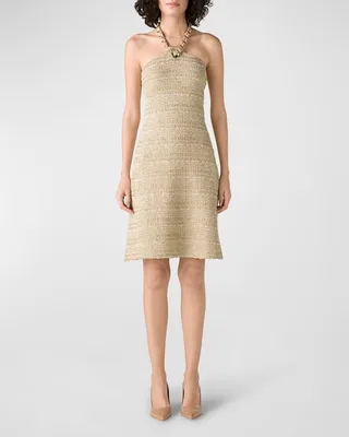 Chain-Necklace Metallic Eyelash Tweed Knit Halter Dress