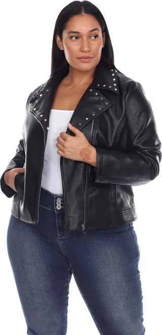 Plus Size PU Faux Leather Jacket Black 3X - White Mark