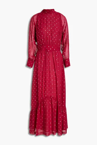 Romy gathered metallic fil coupé georgette midi dress