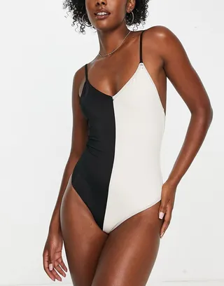 Monki color block swimsuit in black and beige