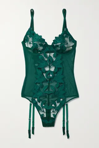 Fleur du Mal - Lily Satin-trimmed Embroidered Tulle Thong Bodysuit - Green