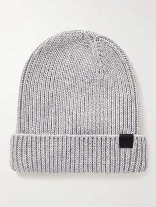 Leather-Trimmed Ribbed Cashmere Beanie