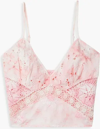Mizu cropped tie-dyed crochet and broderie anglaise cotton top