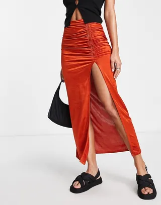 Topshop ruched channel slinky midi skirt in burnt orange