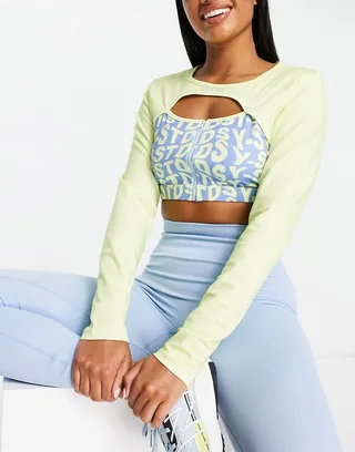 Daisy Street Active keyhole long sleeve crop top in blue and yellow