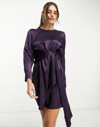 Vila tie detail satin mini dress in purple