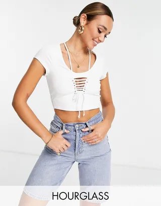 ASOS DESIGN Fuller Bust short sleeve macrame top in white