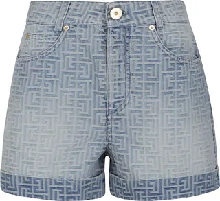 Balmain Allover Monogram Denim Shorts