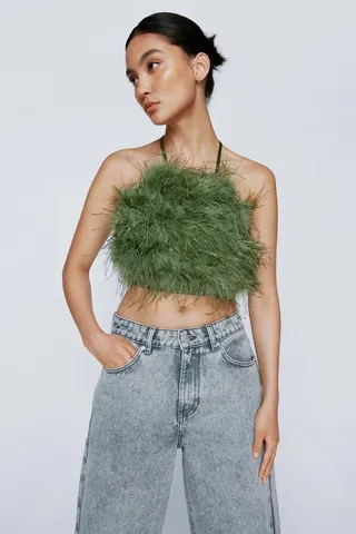Nasty Gal Womens Petite Halterneck Feather Lace Up Back Top