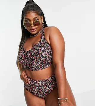 Vero Moda Curve exclusive halter bikini top in black ditsy floral
