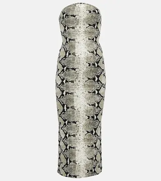 Strapless snake-printed midi dress
