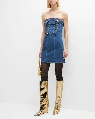 Goal Lace-Up Strapless Denim Mini Dress