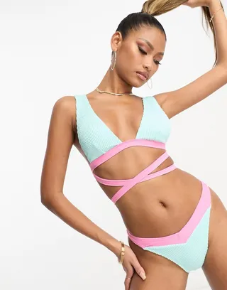 South Beach textured wraparound bikini bottoms with contrast waistband in light blue