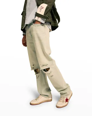 Men's Bleached Printed Knee-Rip Jeans