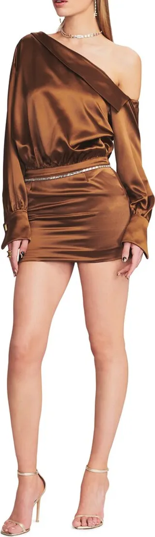 Elio One-Shoulder Long Sleeve Satin Minidress