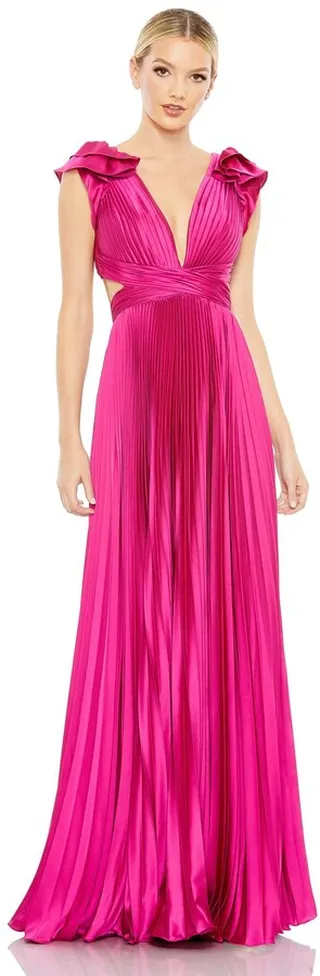 Pleated Ruffled Cap Sleeve Cut Out Lace Up Gown