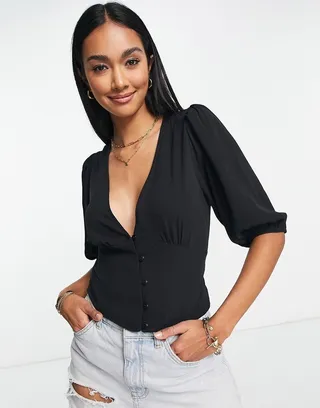 ASOS DESIGN button front tea blouse with volume sleeve and tie back detail in black