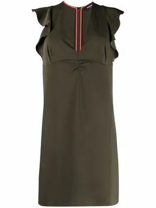 ruffle-sleeve V-neck shift dress