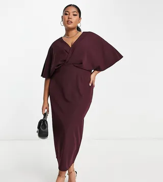 ASOS DESIGN Curve pleated blouson midi dress in burgundy