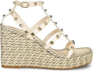 Valentino Garavani Rockstud Torchon Espadrille Wedges in Ivory