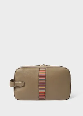 Khaki Leather 'Signature Stripe' Wash Bag