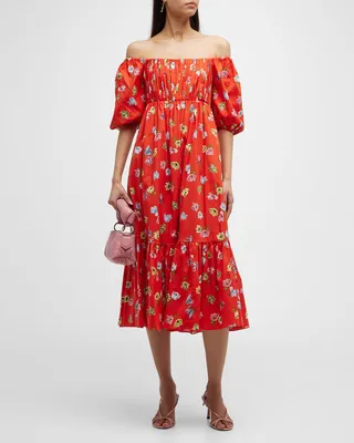 Tulip Toss Off-Shoulder Floral-Print Midi Dress