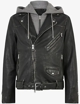 Mens Black Charter Hoody-detail Leather Biker Jacket