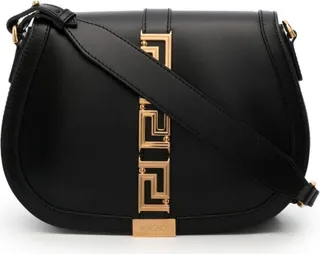 Black Greca Goddess Large Leather Shoulder Bag