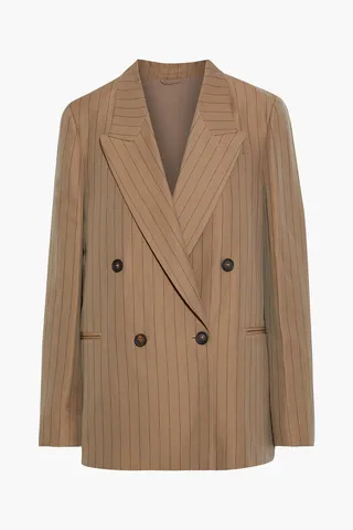 Double-breasted pinstriped wool and linen-blend blazer