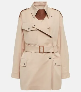 Leather-trimmed cotton trenchcoat