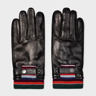 Black Leather Gloves With Striped Wool Cuffs