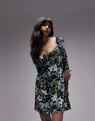 Topshop puff sleeve floral mini tea dress in multi