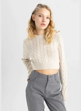 Woman Crew Neck Long Sleeve Tricot Pullover