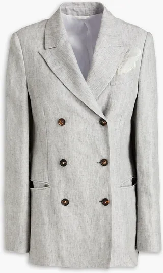 Double-breasted embellished herringbone hemp-blend blazer