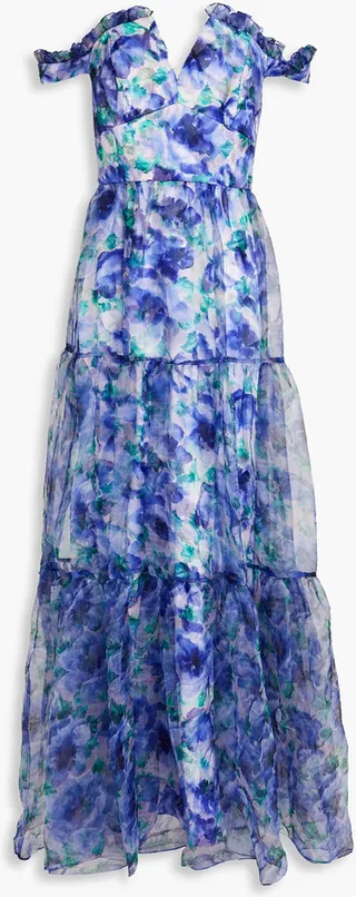 Off-the-shoulder floral-print crinkled organza gown
