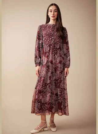 Woman Tipped Neck Long Sleeve Long Sleeve Woven Dress