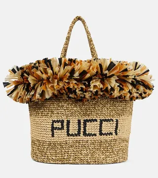 Logo fringe-trimmed raffia tote bag