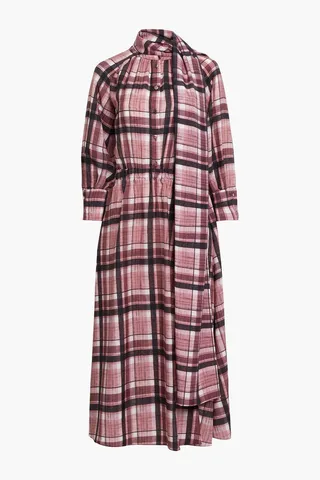 Tie-neck checked crepe midi dress