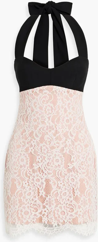 Two-tone crepe-paneled lace halterneck mini dress