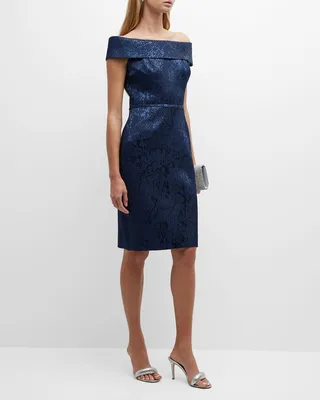 Portrait-Collar Textured Jacquard Dress