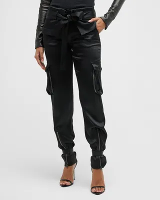 Zip-Hem Belted Straight-Leg Satin Cargo Pants